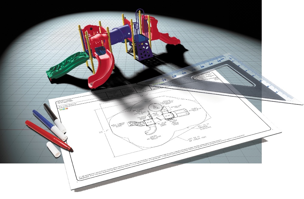 Accurate estimates and blueprints with ruler and small red, blue, green, and yellow playground model