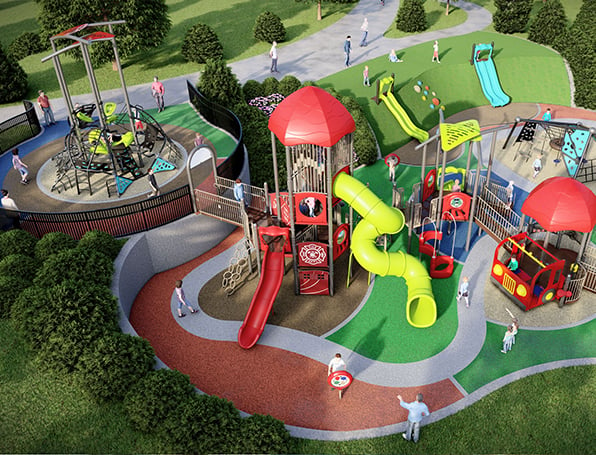 Aerial view of playground with red and yellow slides