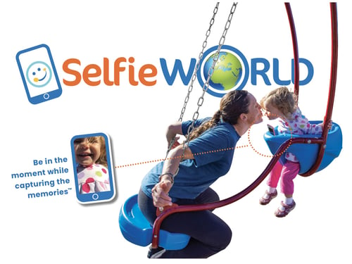 graphic that says selfie world with a mother and daughter swinging together on a playground toy