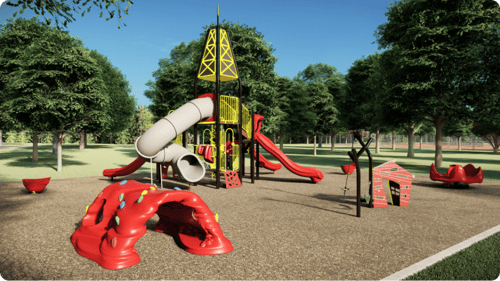 yellow and red accent colored playground park with a gray slide