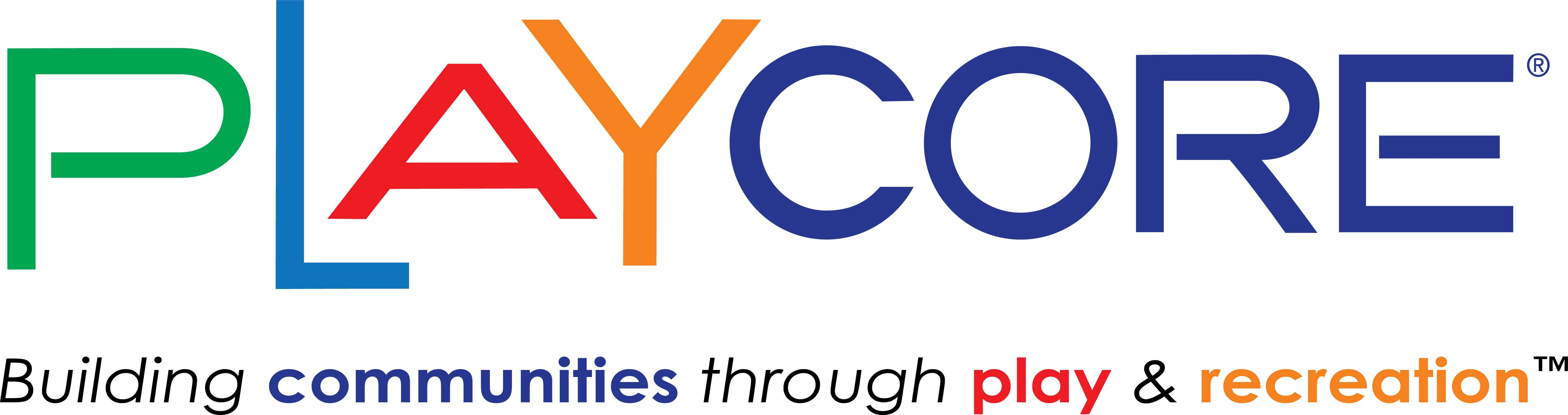 colorful logo that says playcore building communities through play & recreation