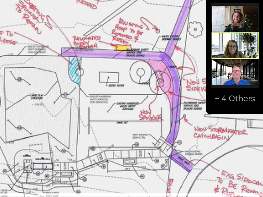 image of a drawing of a park with a screen shot of a zoom meeting to the right