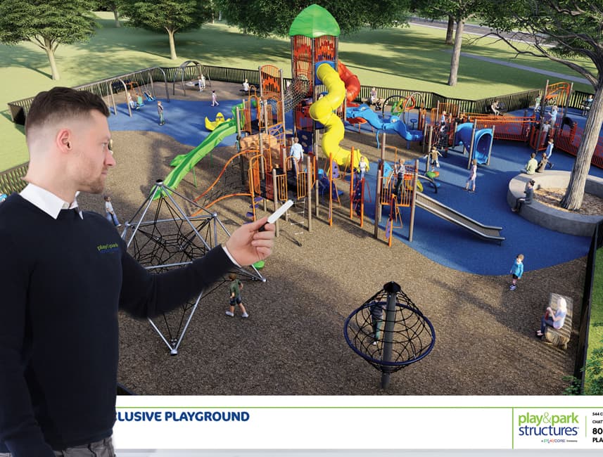 man in black sweater pointing at slideshow of a park
