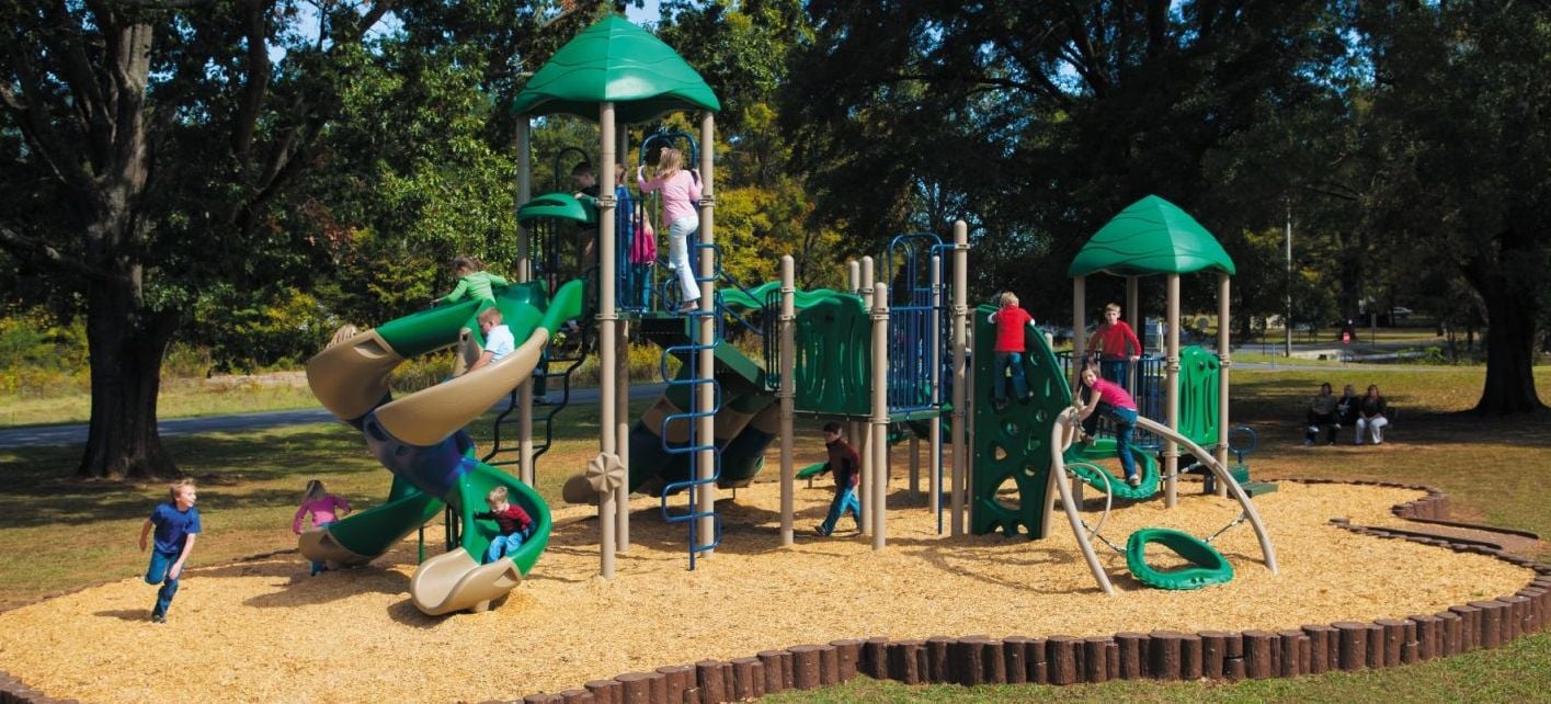children playing at a green colored park in front of large trees