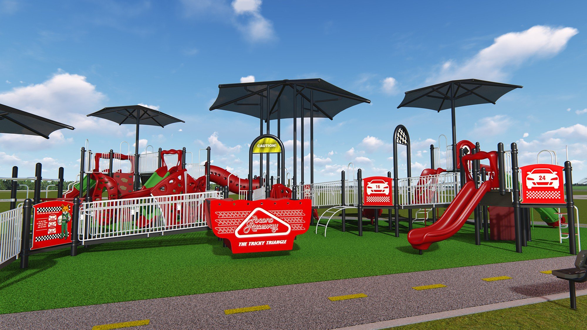 Rendering red themed park with 3 covers on green turf next to a racetrack