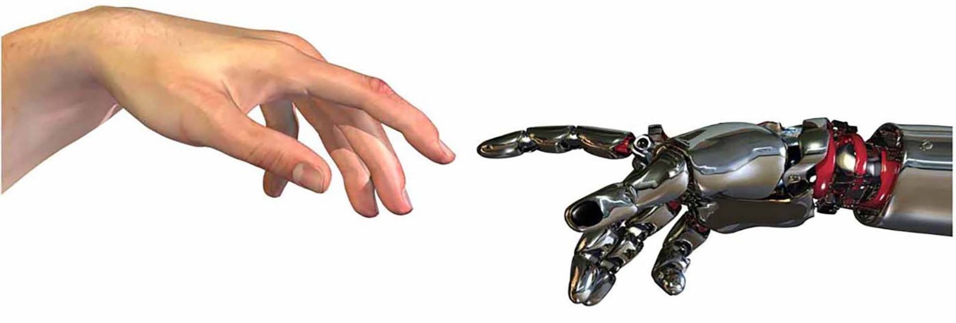 Featured image of One human hand and robotic hand almost touching fingers 