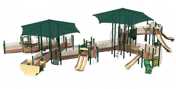 3d rendering of park with brown body tan slides and green covers