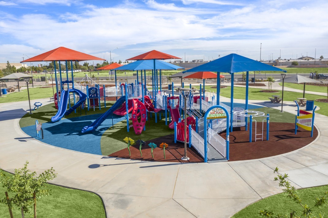 Featured image of Aerial shot red and blue themed park in El Centro, CA