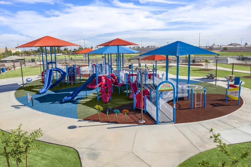 Aerial shot red and blue themed park in El Centro, CA