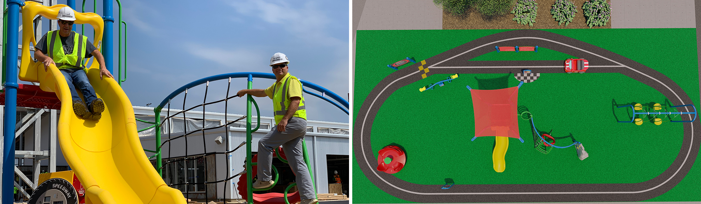 Image of two construction workers in green vest going down yellow slide on the right and rendering aerial park on turf field