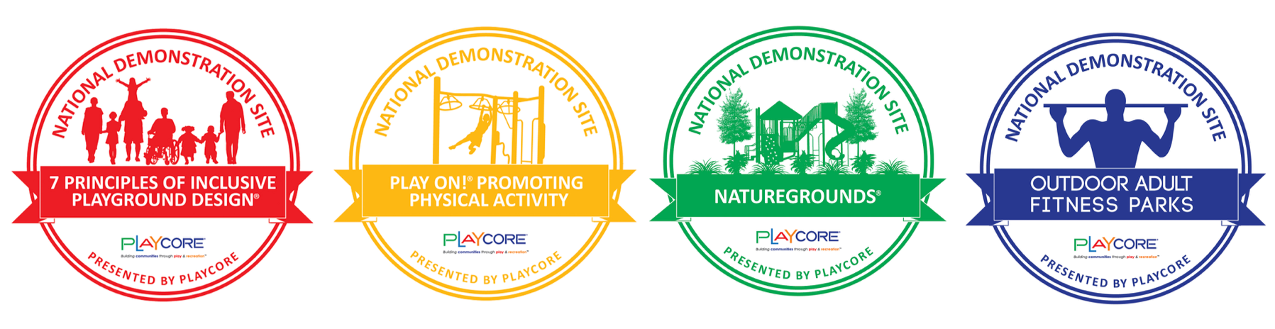 Red, yellow, green, and blue National Demonstration site logos for 7 principles, Play on!, Naturegrounds, Outdoor Adult Fitness Parks