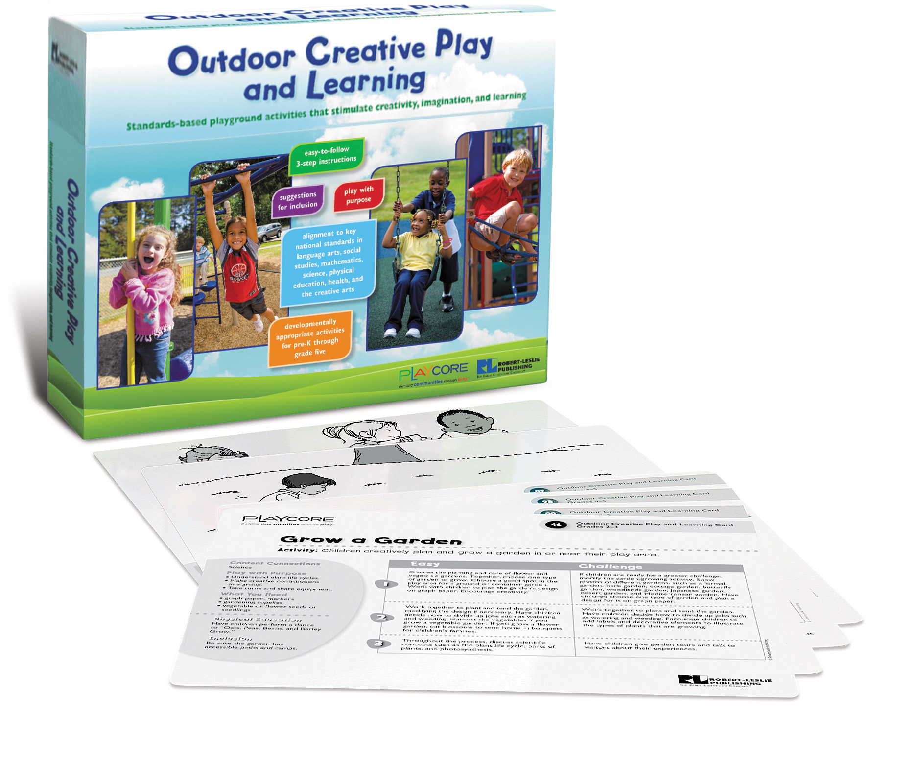 Outdoor Creative Play and Learning kit with interactive paper activities laid out in front of it