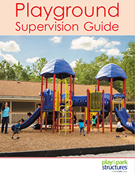 Playground Supervision Guidebook Cover with blue, red, and yellow playground equipment with kids playing on it