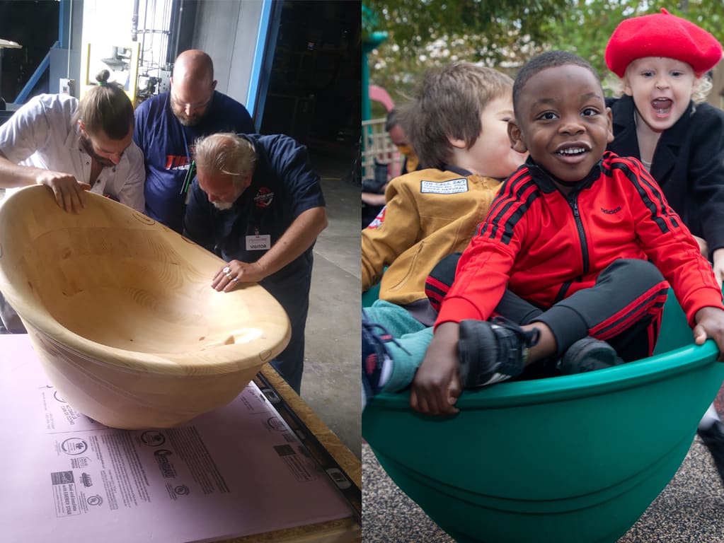 split image of three men working on swinging playground equipment on the left and image of children playing in the finished product that's now painted green on the right