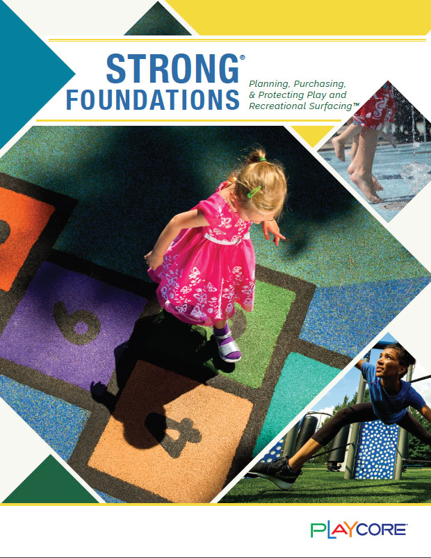 Strong Foundations 2018 Final Cover with multiple colors, a girl playing hop scotch, a woman exercising, and kids playing in water